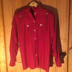 Gorgeous Red Silk Western Shirt/Jacket Faux Wood Buttons & Leather Fringe 🐎❤️